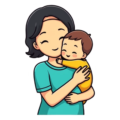 Mother's Day sticker, mom hugging child, cute, cartoon style sticker
