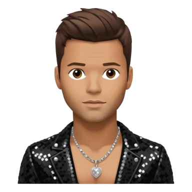 Ricky Martin with brown hair, black sequin jacket, shirtless with necklace sticker
