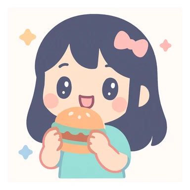 a girl with dark hair eating a burger, kawaii style sticker