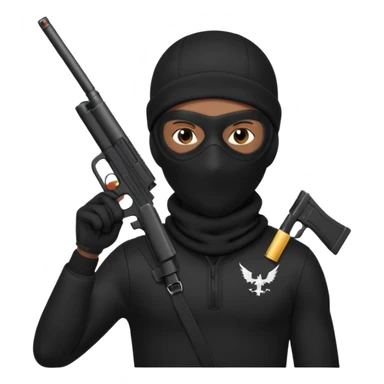 A young African male wearing a ski mask in full black clothing, holding a micro Draco gun in the air carelessly sticker