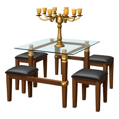 A glass topped ding table with 2 side benches and 2 thrones at the ends sticker