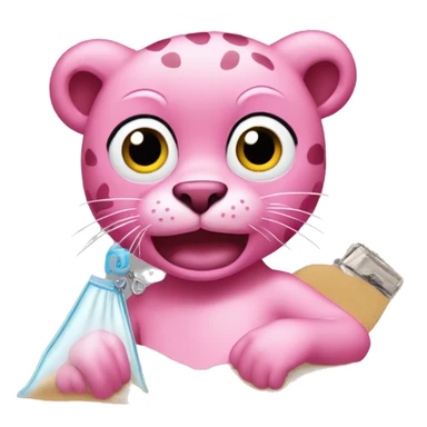 Pink panther holding a clear zip lock bag with sand in it  sticker