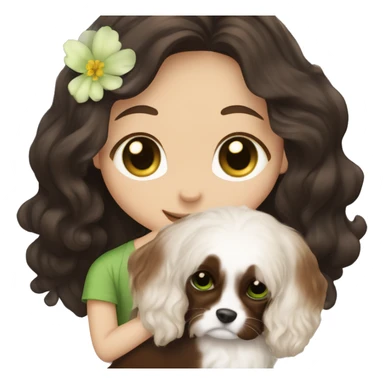 pale skin girl with green eyes with long dark brown hair that has a flower in her hair  snuggling a black and brown cavalier dog the dog also has a flower in its hair sticker