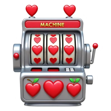 A 3D cartoon slot machine showing hearts and cherries, shiny metallic finish, Memoji-style realism. sticker
