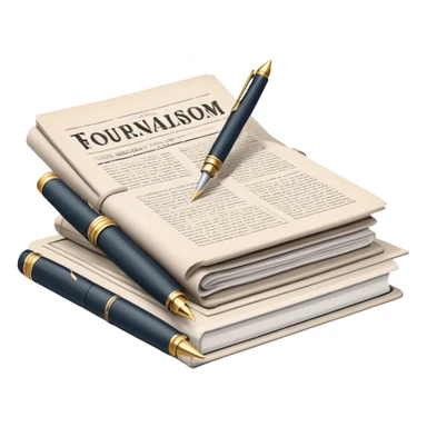 Create an emoji representing journalism and publicistic writing. The design should feature a stack of newspapers, an open notebook, and a single classic fountain pen placed on top of the notebook, symbolizing the act of writing. The scene should convey a sense of professionalism and thoughtful analysis. Use a neutral and professional color palette, with black, white, and muted tones. Do not include any emojis or smiley faces. Make the background transparent. sticker