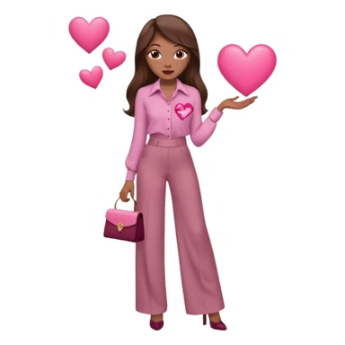  emoji, inspired with brunette hair, brown eyes, long hair, heart shape lips and pink make up  and pink nails, mauve pink blush and brown wide leg pants, burgundy shoulder drop shirt, brown heels , princess hair, brown heels, no floating hearts  sticker