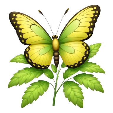 A fluffy bush with soft light-green foliage and a small butterfly sticker