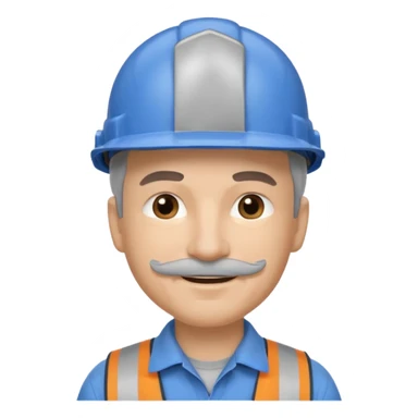 A man emoji with light skin, wearing a blue construction helmet, short gray hair on the sides, straight eyebrows, brown eyes, a small nose, and a thin gray mustache above his smiling mouth. sticker