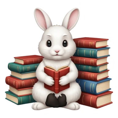 White rabbit sitting next to a stack of books consisting of 3 books sticker