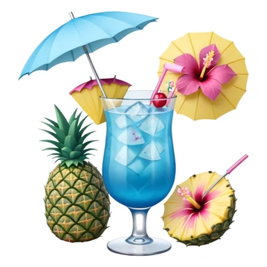 blue tropical cocktail with hibiscus, pineapple, and tiny pastel paper umbrella garnishes sticker
