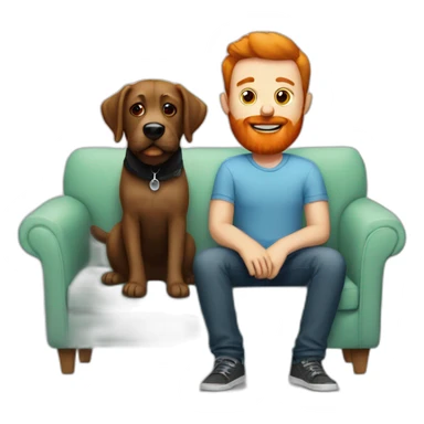 a man with a red beard sits on the sofa instead with a black labrador sticker