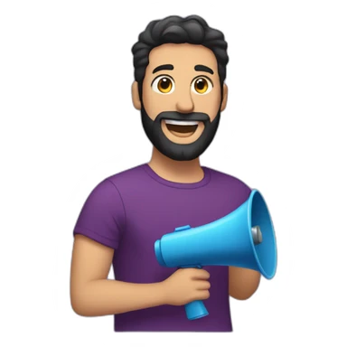 a white man with a black beard, holding a red megaphone next to his mouth, he wears a purple tshirt, smiling,he has a modern haircut sticker