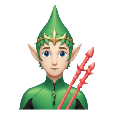 male elf in iridescent wetsuit, coral staff. Gills on neck sticker