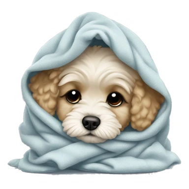 really sad and crying maltipoo puppy in blanket cuddled up sticker