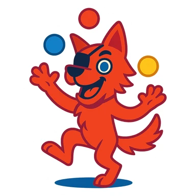 red-furred dog with blue eyes and an eye patch, juggling balls, energetic pose, vibrant cartoon style sticker