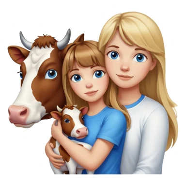 Woman with brown hair long and blonde highlights, bangs in front, blue eyes, white t shirt hugging a cow sticker
