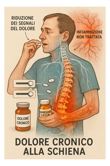 Man taking pain medication for chronic back pain, pills shown as dimmer switches turning down pain signals in transparent nervous system overlay, underlying spinal damage remaining completely untreated and worsening, expression of temporary relief masking progressive deterioration, medication bottle labeled 'symptom suppression' not 'cure', root cause inflammation continuing to spread in italiano sticker