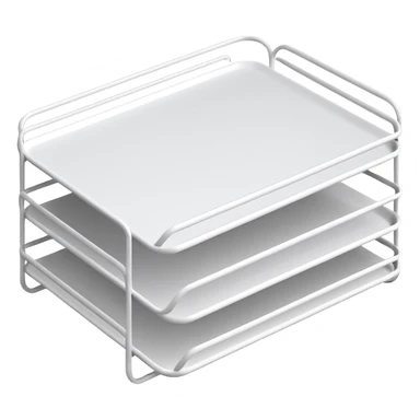 A minimal, clean emoji-style illustration of a white metal desk paper organizer tray, shown in slight isometric view so its structure is readable at a small scale. The organizer is rectangular with rounded corners, made of thin white metal wires, forming two to three stacked horizontal slots.
 sticker