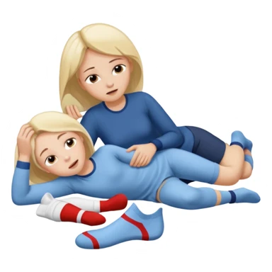 Create an emoji scene where a woman has fainted and is lying down, and a boy is holding his socks near her nose to help bring her back to consciousness. There should be nothing else in the scene.only one boy and girl sticker