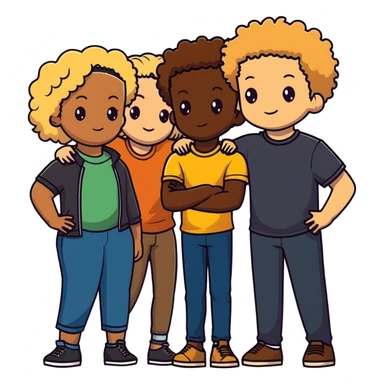 Group of diverse friends standing together, including a dark-skinned boy, a light-skinned blonde boy, a light-skinned girl with dark hair, a mixed-race girl with brown hair, a light-skinned person with curly hair, a mixed-race person with dark curly hair, and in the center a mixed-race person with wavy hair sticker