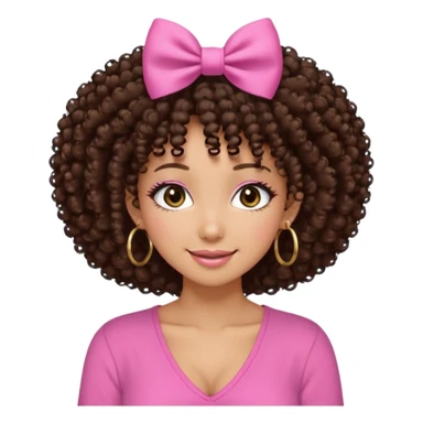 Naturally tan skin girl short darkBrown curly afropink shirt very long lashes hoop gold earrings Brown eyes gyaru smiling closed mouth cute bow hairclip small on the side. V neck pink shirt sticker