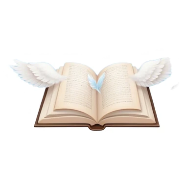 Create a dreamy, poetic emoji representing poetry. The design should feature several elegantly flying pages with poetic lines written on them, surrounded by fluffy, soft clouds. White birds should be flying out from the clouds, creating a sense of freedom and inspiration. The pages and a white feather should symbolize creativity and poetic flow. Use pastel tones like light blues, purples, and creams for the pages and background, while the clouds should be soft and ethereal. The overall design should feel whimsical, serene, and full of poetic charm. Make the background transparent. sticker