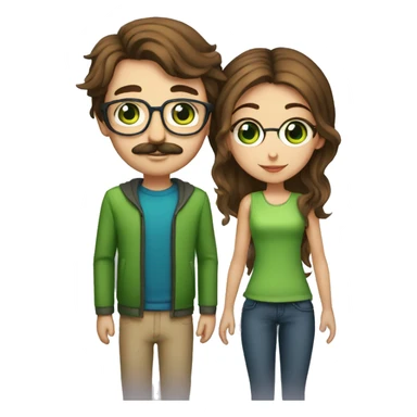 A man with brown hair blue eyes and a mustache is kissing a green haired girl who is thin with green eyes and wearing glasses sticker