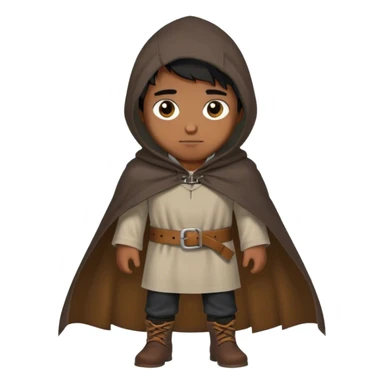 medieval outfit worn by a DnD themed fantasy character. basic rough-spun tunic with a leather belt and a hooded cloak. clothes only above the waist. The clothes full waist. The character's haven't arms. character is straight black hair hazel eyes short messy hair brown-skinned man. sticker
