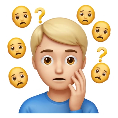 3D glossy emoji of a confused person feeling lost, hand on chin, raised eyebrow, looking up, small question marks around head, faint maze background, soft gradient, centered, transparent background.\ sticker