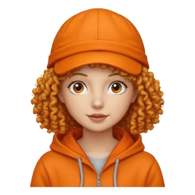 curly haired woman with orange cap and hoodie sticker