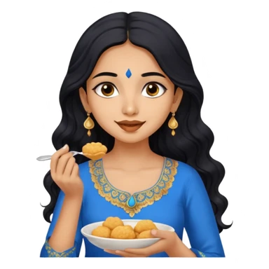a pretty tan indian bratz girl with wavy long BLACK hair. eyeliner on, wearing a blue kurti, eating golgappa (without spoon) sticker