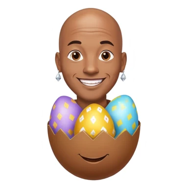 smiling bald African American man with diamond stud earrings popping out of an Easter egg sticker