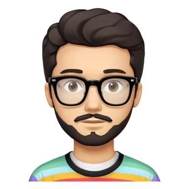 young adult man with light skin, short beard, dark wavy hair, relaxed expression, very wide rectangular glasses with thick black acetate frame and thick double bridge, retro oversized style, colorful open shirt and white t-shirt sticker