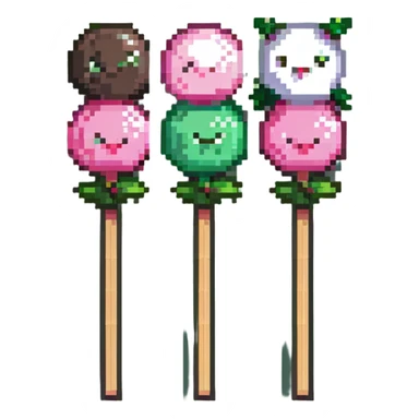 Pixel art Japanese dango skewer with three colorful rice balls in pink, white, and green colors sticker