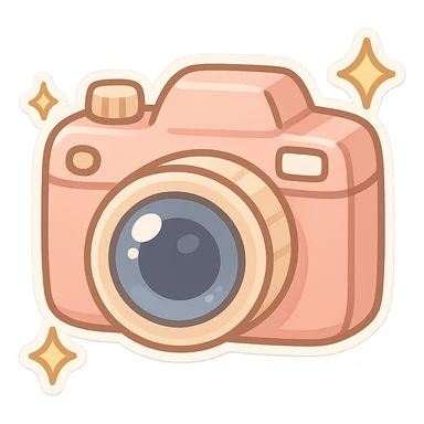 chibi sticker-style camera with sparkles, cute and exaggerated sticker