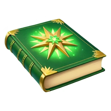 A **green, glowing book** with **golden edges**, floating with **sparkles and magical wisps** around it. The cover features a **golden starburst sigil**, symbolizing charm and radiance. ✨📖 sticker