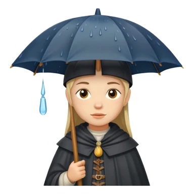 vorrei un piccolo pellegrino medievale in stile stickers sotto la pioggia con un grande ombrello sticker