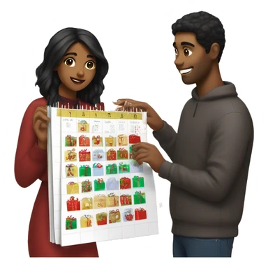 brown girl with black hair giving her boyfriend a advent calendar for christmas sticker