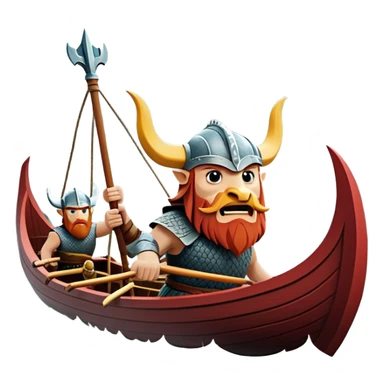 clash-of-clans-aesthetic_-cinematic-viking-longboat, rendered in a flat, bold vector style with minimal shading, featuring a striking dragon-headed prow slicing through waters. shields on the side and vikings rowing The longboat’s, the boat has carved motifs evoke a sense of epic adventure and Nordic might, with billowing sails catching a dramatic, stormy sky backdrop. sticker