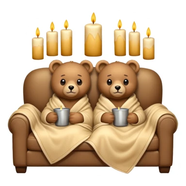 Two cozy teddy bears wrapped in a blanket watching tv on couch with candles next to them sticker