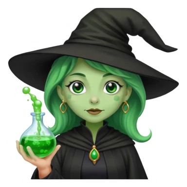 Witch with Green Skin – long-nosed witch in black hat holding potion sticker