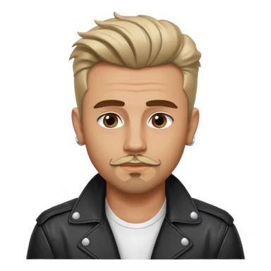 guy with slick James dean hair with front tendrils, mustache and goatee facial hair, wearing a white shirt and a black leather jacket , several silver piercings in ear sticker