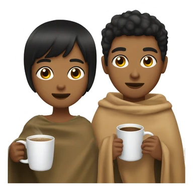LIGHT BROWN SKIN BOY, with SHORT STRAIGHT BLACK HAIR and a TAN SKIN GIRL, with BLACK HAIR and BANGS, inside the same blanket sipping coffee sticker