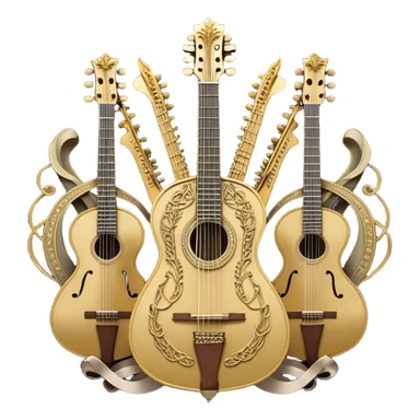 Create a complex, ceremonial, and professional emoji resembling a coat of arms, symbolizing plucked string instruments. The design should feature a combination of elements such as the necks and fretboards of various plucked string instruments like guitars, harps, and mandolins. The strings should be clearly visible, and the frets should be detailed. Intertwining with the instruments, there should be a flowing ribbon of musical notes, curving elegantly around the instruments and connecting them. The colors should include golden metallic tones, warm wood finishes, and silver accents to emphasize the professional and festive nature of the design. The background should be regal, using subtle textures or patterns to give a sense of grandeur, while keeping the instruments and notes as the focal point. The design should evoke a sense of celebration and sophistication, reflecting the rich tradition of plucked string instruments. sticker