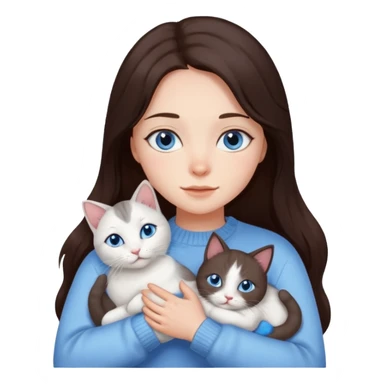 a girl with long dark 
brown hair, with blue eyes, in a
white sweater, hugs 3 different natural coloured cats sticker