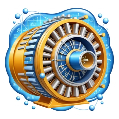 An icon featuring a physics textbook, a large Hadron Collider with particles flying off, symbolizing the study of physics. The design includes atomic models, energy waves, and scientific formulas, representing fundamental physical principles and research. Transparent background. sticker