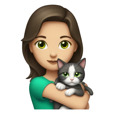A brunette girl with green eyes holds a cat with blue eyes in her arms sticker