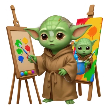 Baby Yoda in his brown robe listening music on his headphones, painting a picture on an easel and surrounded by paint pots. sticker