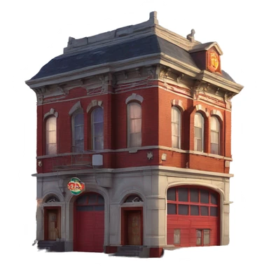 Very old dilapidated Firehouse building shaped like the Ghost Busters Firehouse with solar lights and decorative and detailed interior design  sticker