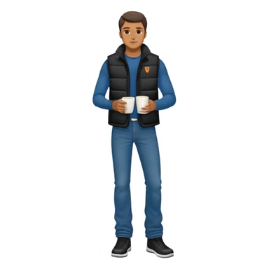 full body man with plain black puffy winter vest with no pockets over long sleeved shirt wearing straight levi boot cut levi blue jeans with no cuffs and tennis shoes holding coffee mug in his hand sticker
